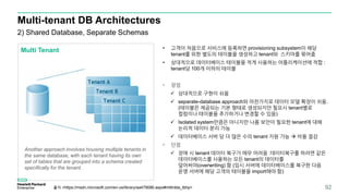 Multi-tenant DB Architectures
92
2) Shared Database, Separate Schemas
Multi Tenant
Another approach involves housing multiple tenants in
the same database, with each tenant having its own
set of tables that are grouped into a schema created
specifically for the tenant.
• 고객이 처음으로 서비스에 등록하면 provisioning subsystem이 해당
tenant를 위한 별도의 테이블을 생성하고 tenant와 스키마를 묶어줌
• 상대적으로 데이터베이스 테이블을 적게 사용하는 어플리케이션에 적합 :
tenant당 100개 이하의 테이블
• 장점
 상대적으로 구현이 쉬움
 separate-database approach와 마찬가지로 데이터 모델 확장이 쉬움.
(테이블은 제공되는 기본 형태로 생성되지만 필요시 tenant별로
컬럼이나 테이블을 추가하거나 변경할 수 있음)
 Isolated system만큼은 아니지만 나름 보안이 필요한 tenant에 대해
논리적 데이터 분리 가능
 데이터베이스 서버 당 더 많은 수의 tenant 지원 가능  비용 절감
• 단점
 장애 시 tenant 데이터 복구가 매우 어려움 :데이터복구를 하려면 같은
데이터베이스를 사용하는 모든 tenant의 데이터를
덮어써야(overwriting) 함 (임시 서버에 데이터베이스를 복구한 다음
운영 서버에 해당 고객의 테이블을 import해야 함)
출처 <https://msdn.microsoft.com/en-us/library/aa479086.aspx#mlttntda_tbhp>
 