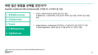 어떤 접근 방법을 선택할 것인가??
97
1. 경제성(Economy)
SaaS용 multitenant DB architecture를 선택할 때 고려해야 할 것들
2. 보안(Security)
3. Tenant
4. 규제(Regulatory)
5. 기술(Skill-set)
• 보안과 기록관리/보존과 관련된 법규 준수 필요
 활용하려는 시장/분야에는 어떤 법규의 제약이 있는지를 고려하여 접근 방법
결정
• single-instance, multi-tenant 아키텍처는 신기술이므로 관련 전문가가 드뭄
 SaaS application 개발에 필요한 지식을 습득하거나 전문가 채용
출처 <https://msdn.microsoft.com/en-us/library/aa479086.aspx#mlttntda_tbhp>
 