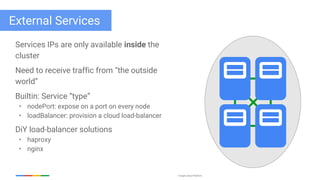Google Cloud Platform
External Services
Services IPs are only available inside the
cluster
Need to receive traffic from “the outside
world”
Builtin: Service “type”
• nodePort: expose on a port on every node
• loadBalancer: provision a cloud load-balancer
DiY load-balancer solutions
• haproxy
• nginx
 
