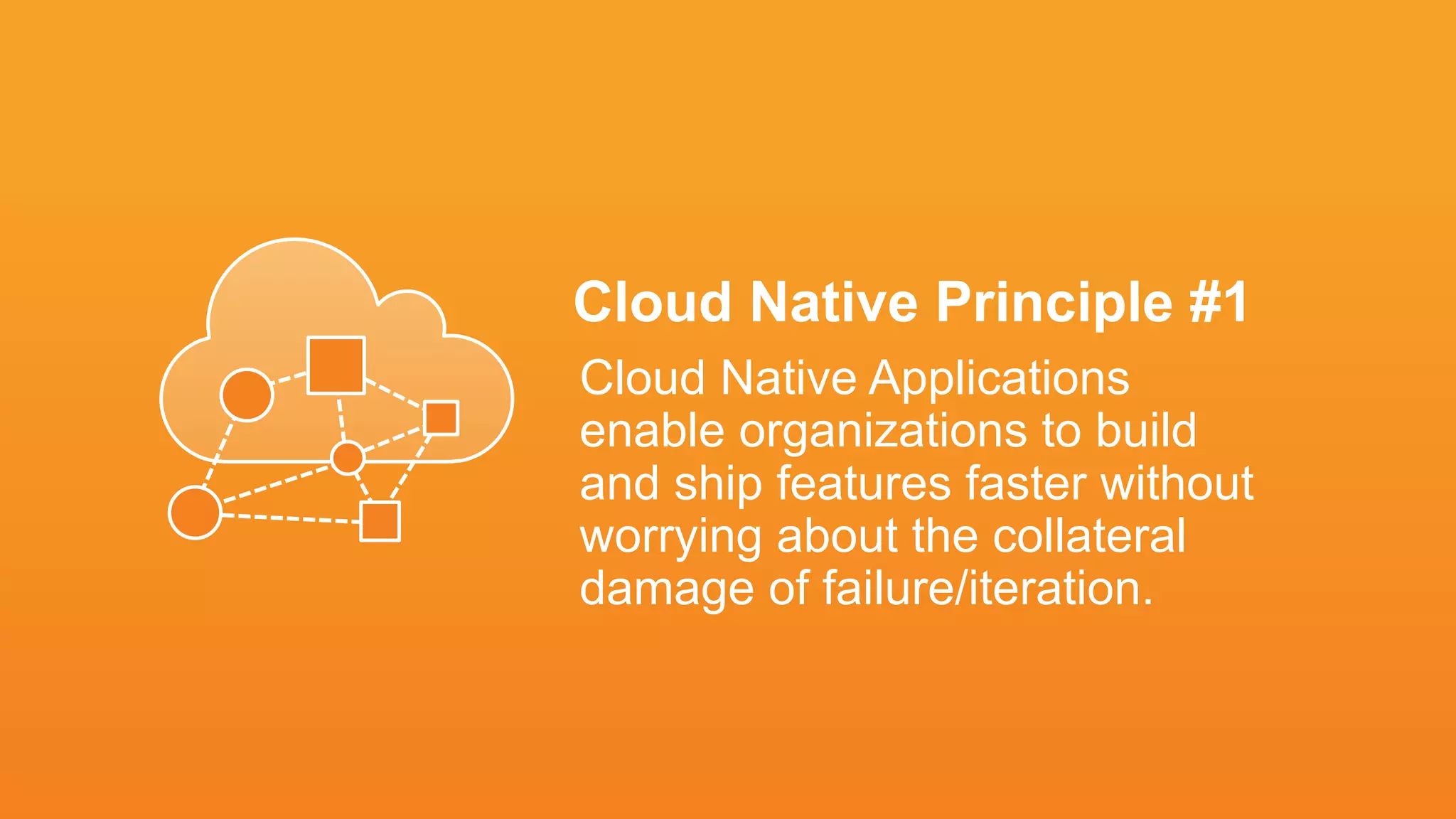 Cloud Native Principle #1
Cloud Native Applications
enable organizations to build
and ship features faster without
worrying about the collateral
damage of failure/iteration.
 