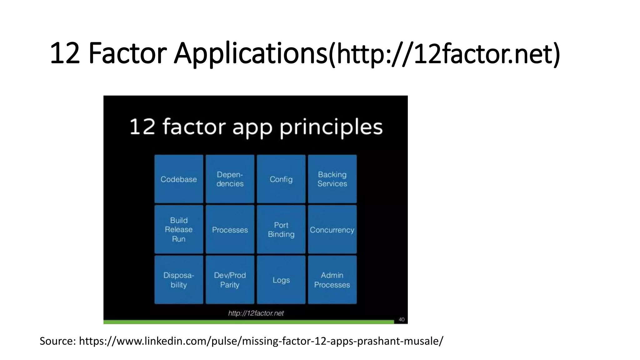 12 Factor Applications(http://12factor.net)
Source: https://www.linkedin.com/pulse/missing-factor-12-apps-prashant-musale/
 