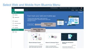 Select Web and Mobile from Bluemix Menu
Select Web and
Mobile
Select Create
Project
 
