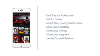 Fault Tolerant Architecture
Built for Failure
Instant Auto-Scaling (infinite scale)
Cross-Geo Availability
Continuous Delivery
Continuous Integration
Loosely Coupled Services
…
 