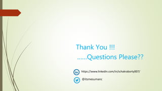 Thank You !!!
……Questions Please??
https://www.linkedin.com/in/schakraborty007/
@itsmesumanc
 