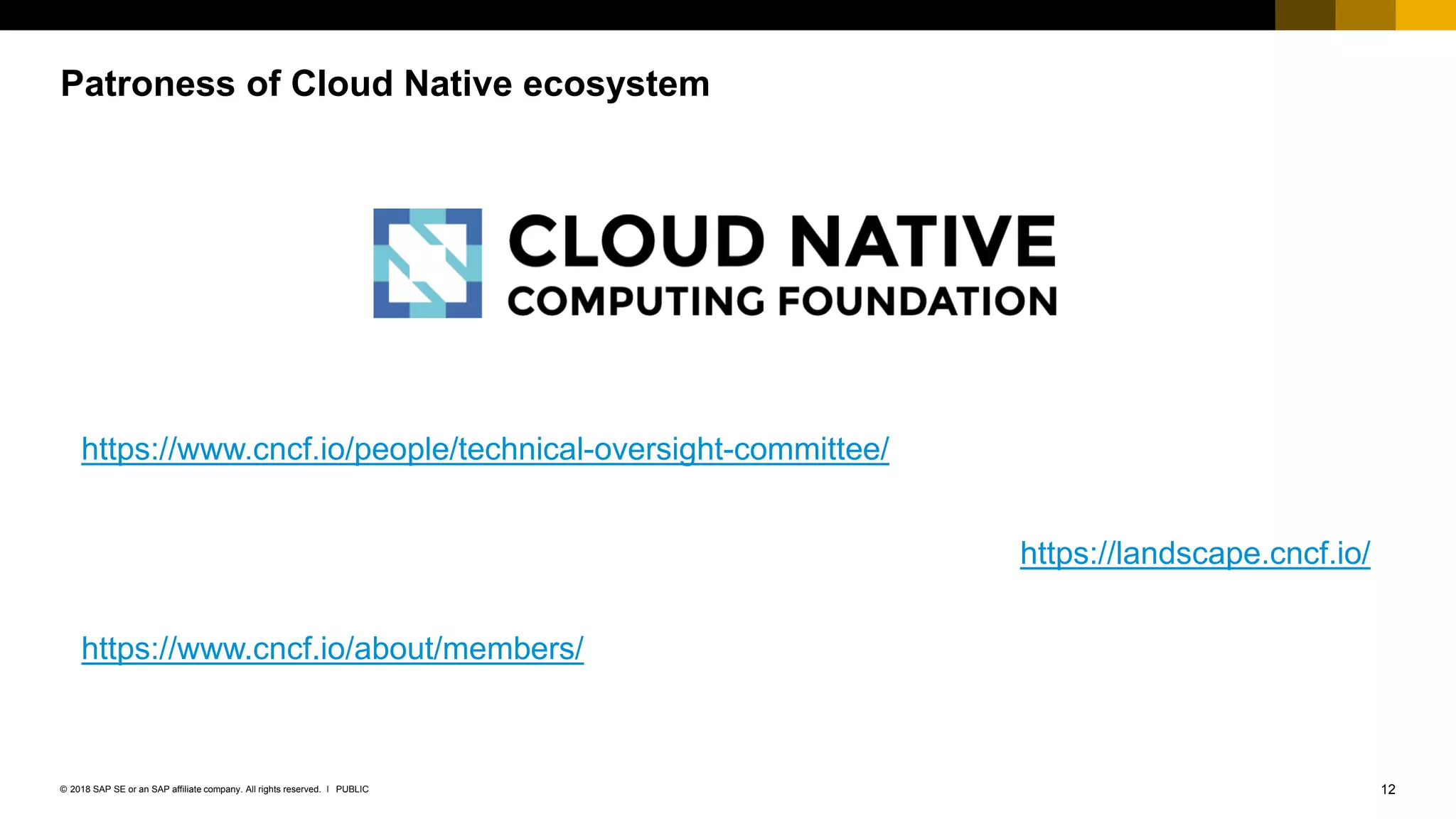 12PUBLIC© 2018 SAP SE or an SAP affiliate company. All rights reserved. ǀ
Patroness of Cloud Native ecosystem
https://landscape.cncf.io/
https://www.cncf.io/people/technical-oversight-committee/
https://www.cncf.io/about/members/
 