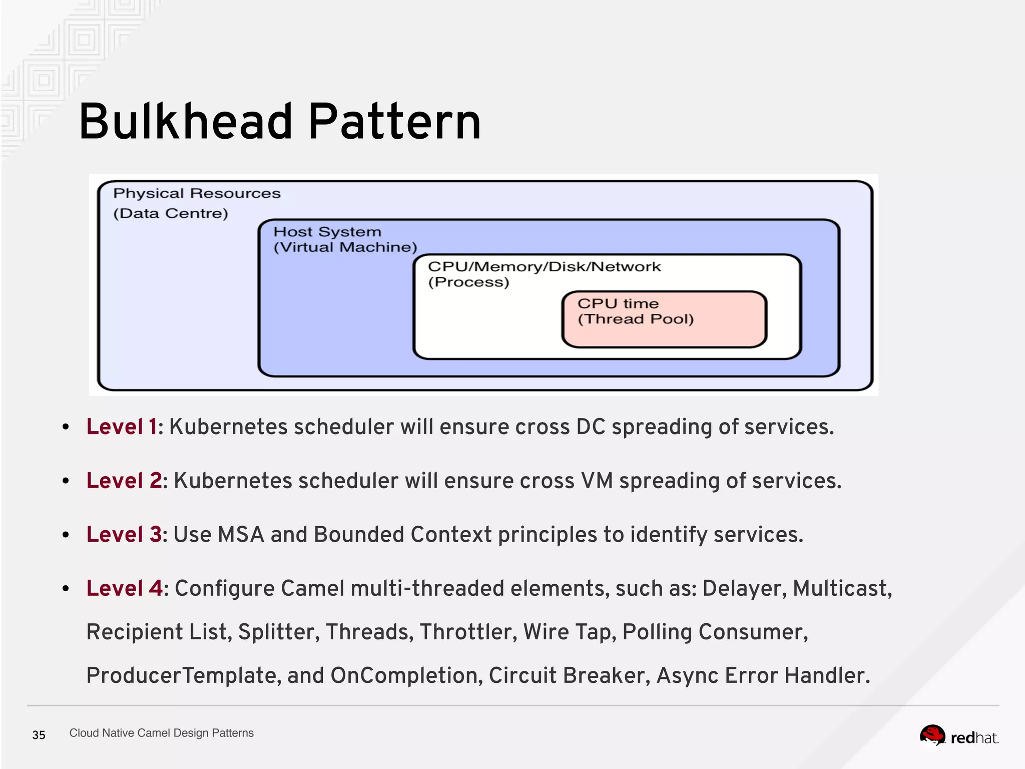 Cloud Native Camel Design Patterns35
Bulkhead Pattern
● Level 1: Kubernetes scheduler will ensure cross DC spreading of services.
● Level 2: Kubernetes scheduler will ensure cross VM spreading of services.
● Level 3: Use MSA and Bounded Context principles to identify services.
● Level 4: Configure Camel multi-threaded elements, such as: Delayer, Multicast,
Recipient List, Splitter, Threads, Throttler, Wire Tap, Polling Consumer,
ProducerTemplate, and OnCompletion, Circuit Breaker, Async Error Handler.
 