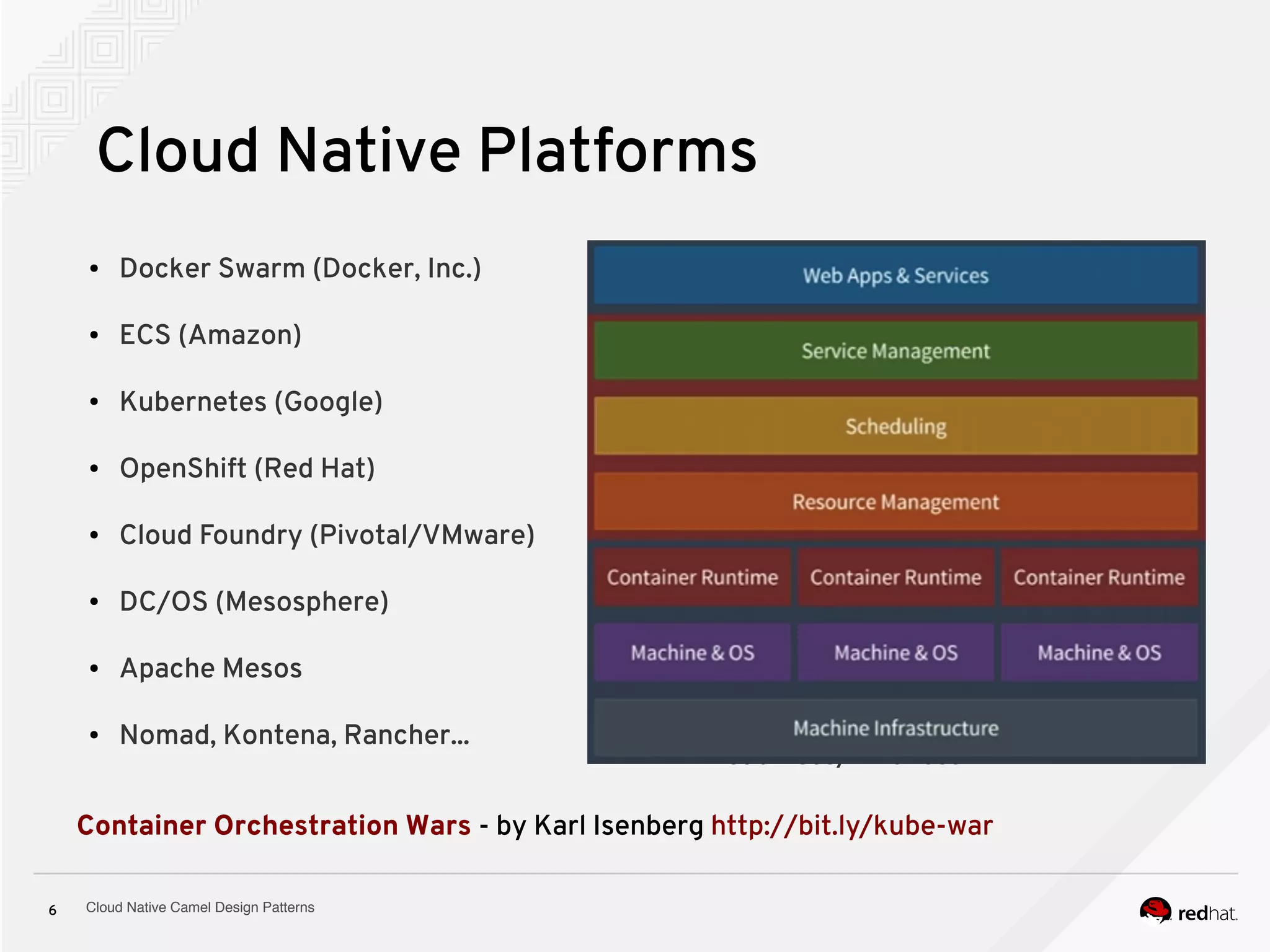 Cloud Native Camel Design Patterns6
Cloud Native Platforms
Container Orchestration Wars - by Karl Isenberg http://bit.ly/kube-war
● Docker Swarm (Docker, Inc.)
● ECS (Amazon)
● Kubernetes (Google)
● OpenShift (Red Hat)
● Cloud Foundry (Pivotal/VMware)
● DC/OS (Mesosphere)
● Apache Mesos
● Nomad, Kontena, Rancher...
Scheduling
● Placement/Resurrection
● Replication/Scaling
● Upgrades/Downgrades
Resource Management
● Memory/CPU/GPU
● Volumes/IPs/Ports
Service Management
● Labels/Namespaces
● Load Balancing
● Readiness/Liveness
 