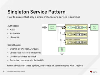 Cloud Native Camel Design Patterns26
Singleton Service Pattern
How to ensure that only a single instance of a service is running?
JVM based:
● Karaf
● ActiveMQ
● JBoss HA
Camel based:
● Quartz, ZooKeeper, JGroups
● JBoss Fuse Master Component
● Use the database as a lock
● Exclusive consumers in ActiveMQ
Forget about all of these options, and create a Kubernetes pod with 1 replica.
 