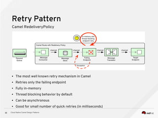 Cloud Native Camel Design Patterns32
Retry Pattern
Camel RedeliveryPolicy
● The most well known retry mechanism in Camel
● Retries only the failing endpoint
● Fully in-memory
● Thread blocking behavior by default
● Can be asynchronous
● Good for small number of quick retries (in milliseconds)
 