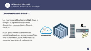 01
09
INTRODUIRE LE CLOUD
1- Concept du cloud et ses avantages
Comment fonctionne le cloud ☁️ ?
Les fournisseurs Cloud comme AWS, Azure et
Google Cloud possèdent de vastes
datacenters contenant des milliers de
serveurs.
Plutôt que d'acheter du matériel, les
entreprises louent ces ressources, profitant
ainsi d’une infrastructure performante et
sécurisée sans souci de maintenance.
Fournisseurs Cloud
 