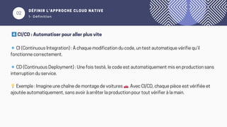 02
DÉFINIR L’APPROCHE CLOUD NATIVE
1- Définition
4️⃣CI/CD : Automatiser pour aller plus vite
🔹CI (Continuous Integration) : À chaque modification du code, un test automatique vérifie qu’il
fonctionne correctement.
🔹CD (Continuous Deployment) : Une fois testé, le code est automatiquement mis en production sans
interruption du service.
💡Exemple : Imagine une chaîne de montage de voitures 🚗. Avec CI/CD, chaque pièce est vérifiée et
ajoutée automatiquement, sans avoir à arrêter la production pour tout vérifier à la main.
 