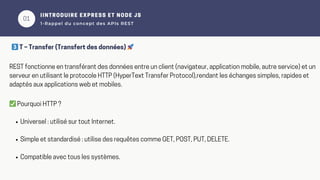 01
IINTRODUIRE EXPRESS ET NODE JS
1-Rappel du concept des APIs REST
REST fonctionne en transférant des données entre un client (navigateur, application mobile, autre service) et un
serveur en utilisant le protocole HTTP (HyperText Transfer Protocol),rendant les échanges simples, rapides et
adaptés aux applications web et mobiles.
3️⃣T – Transfer (Transfert des données) 🚀
✅Pourquoi HTTP ?
Universel : utilisé sur tout Internet.
Simple et standardisé : utilise des requêtes comme GET, POST, PUT, DELETE.
Compatible avec tous les systèmes.
 