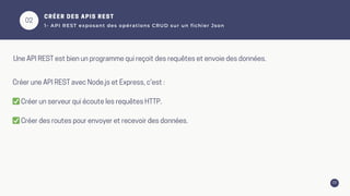 03
CRÉER DES APIS REST
1- API REST exposant des opérations CRUD sur un fichier Json
02
Une API REST est bien un programme qui reçoit des requêtes et envoie des données.
Créer une API REST avec Node.js et Express, c'est :
✅Créer un serveur qui écoute les requêtes HTTP.
✅Créer des routes pour envoyer et recevoir des données.
 