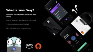 What is Lunar Way?
Our vision is to rethink the interaction with
money.
Live in Sweden, Norway, and Denmark
3 Kubernetes clusters in AWS
80+ microservices in production
@phennex
 