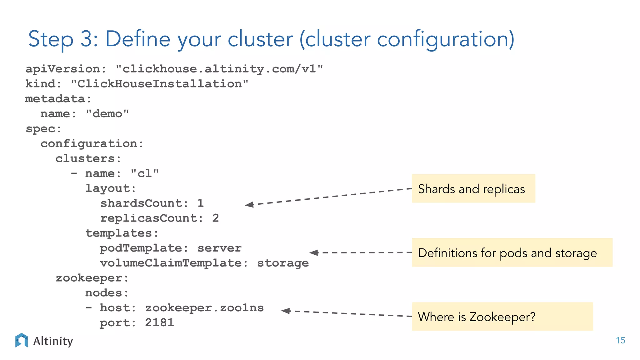 Step 3: Deﬁne your cluster (cluster conﬁguration)
apiVersion: "clickhouse.altinity.com/v1"
kind: "ClickHouseInstallation"
metadata:
name: "demo"
spec:
configuration:
clusters:
- name: "cl"
layout:
shardsCount: 1
replicasCount: 2
templates:
podTemplate: server
volumeClaimTemplate: storage
zookeeper:
nodes:
- host: zookeeper.zoo1ns
port: 2181
15
Shards and replicas
Deﬁnitions for pods and storage
Where is Zookeeper?
 