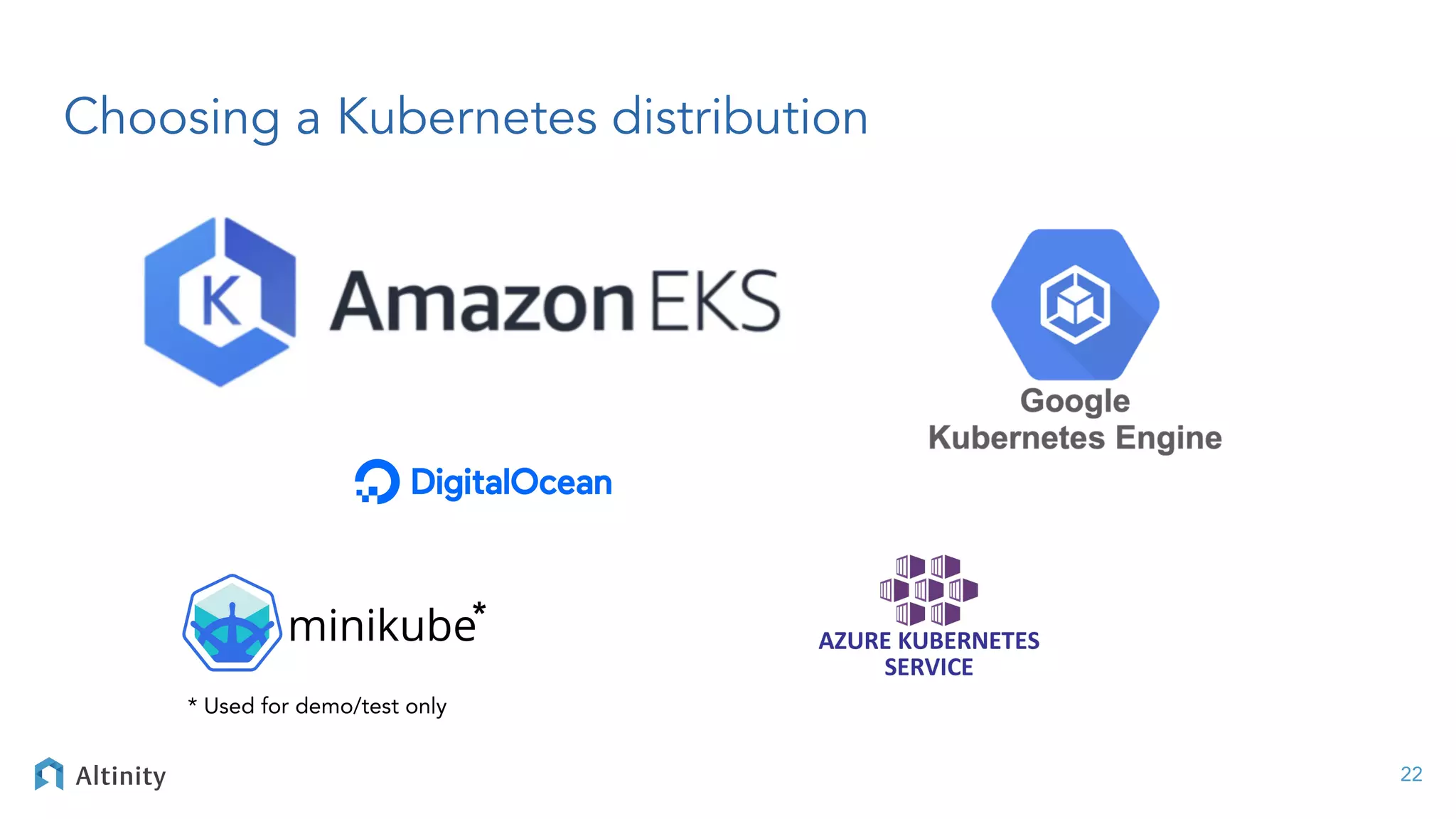 Choosing a Kubernetes distribution
22
*
* Used for demo/test only
 