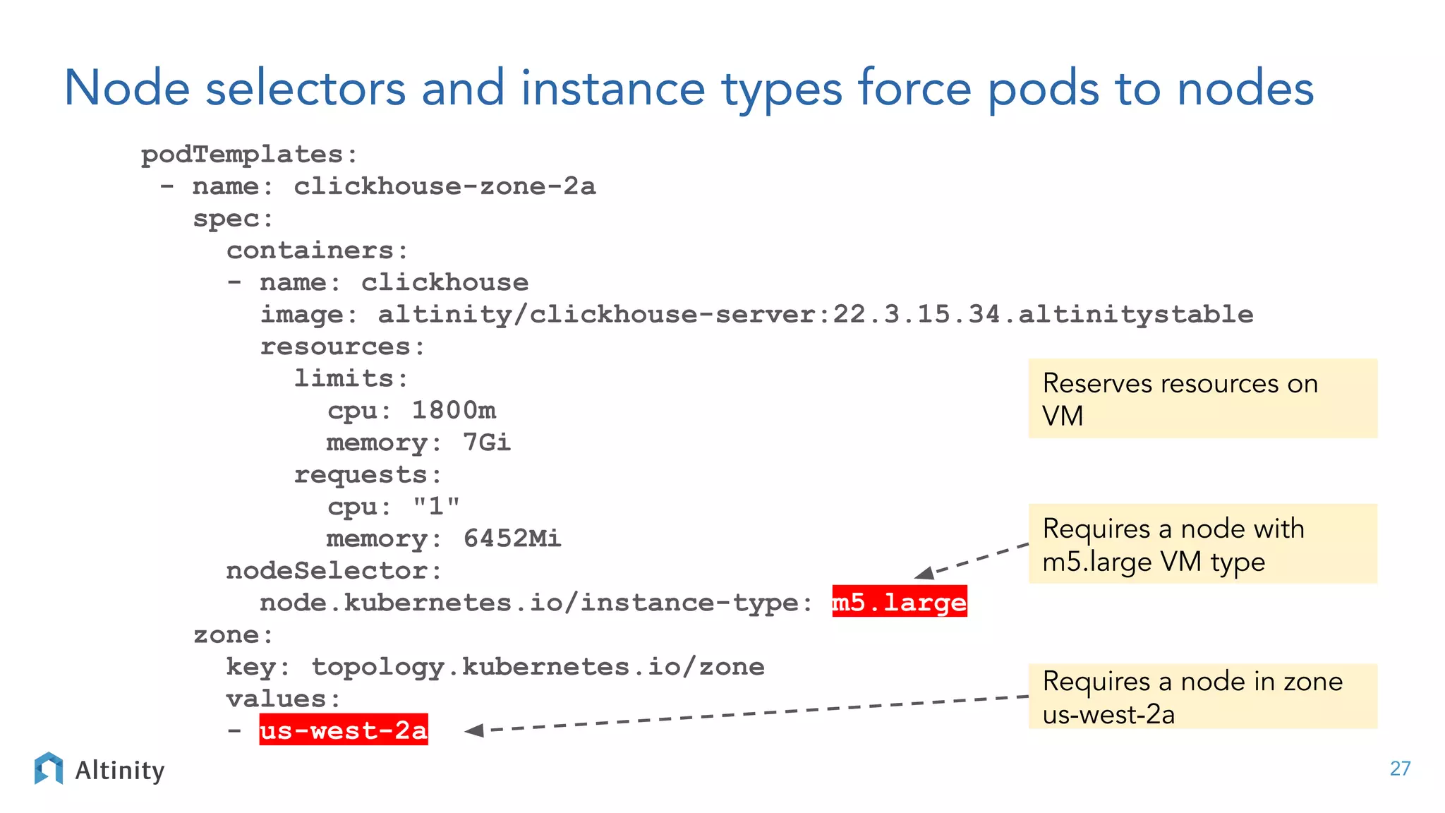 Node selectors and instance types force pods to nodes
podTemplates:
- name: clickhouse-zone-2a
spec:
containers:
- name: clickhouse
image: altinity/clickhouse-server:22.3.15.34.altinitystable
resources:
limits:
cpu: 1800m
memory: 7Gi
requests:
cpu: "1"
memory: 6452Mi
nodeSelector:
node.kubernetes.io/instance-type: m5.large
zone:
key: topology.kubernetes.io/zone
values:
- us-west-2a
27
Requires a node with
m5.large VM type
Requires a node in zone
us-west-2a
Reserves resources on
VM
 