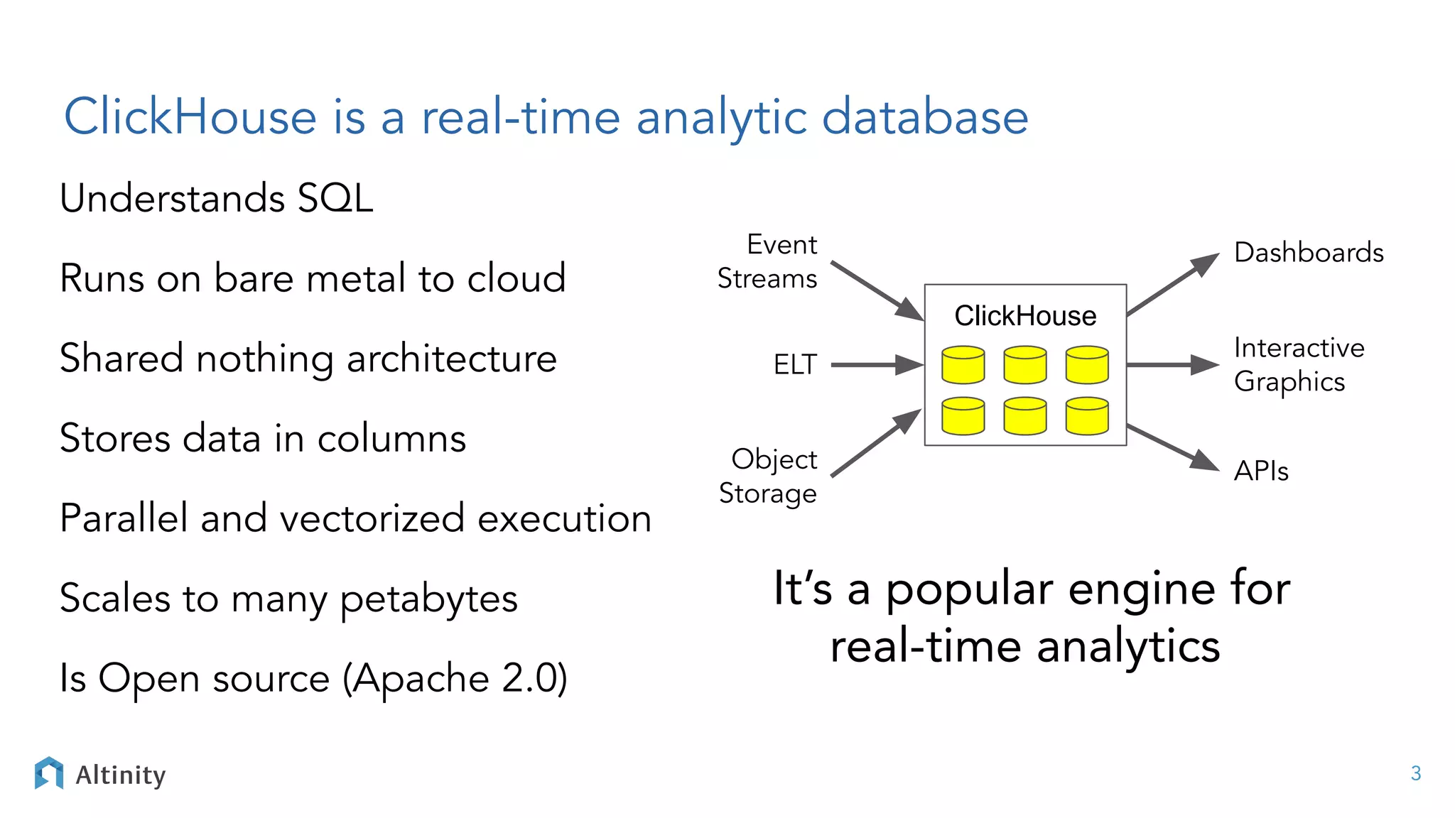 Understands SQL
Runs on bare metal to cloud
Shared nothing architecture
Stores data in columns
Parallel and vectorized execution
Scales to many petabytes
Is Open source (Apache 2.0)
ClickHouse is a real-time analytic database
It’s a popular engine for
real-time analytics
ClickHouse
Event
Streams
ELT
Object
Storage
Interactive
Graphics
Dashboards
APIs
3
 