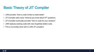 12
Basic Theory of JIT Compiler
• JVM provides “here is code I’d like to make better”
• JIT Compiler asks many “what do you know about X?” questions
• JIT Compiler eventually provides “here is code for your situation”
• JVM replaces existing code with new (hopefully better) code
• This is (currently) done with in-JVM JIT compilers
 