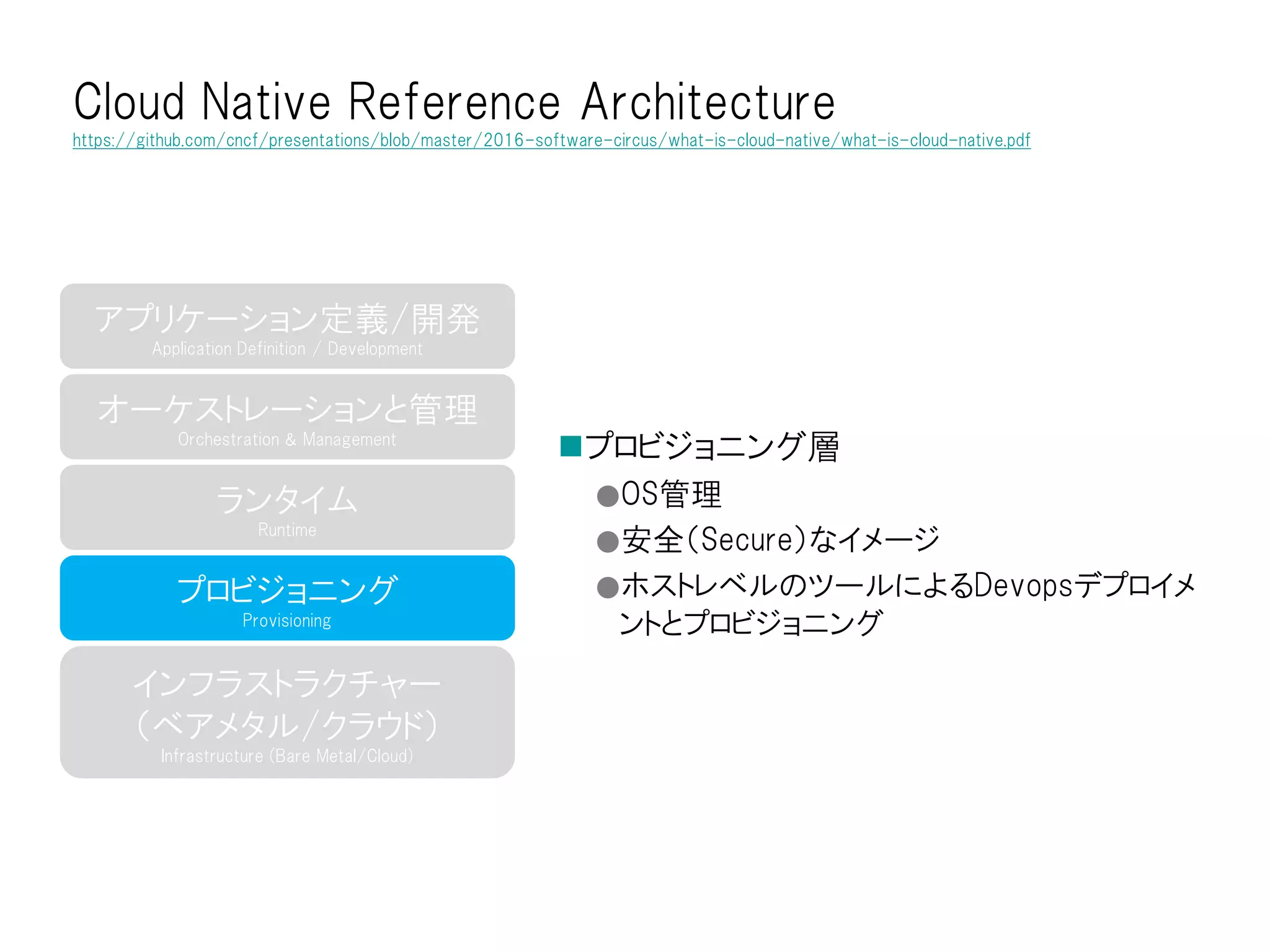 プロビジョニング層
●OS管理
●安全（Secure）なイメージ
●ホストレベルのツールによるDevopsデプロイメ
ントとプロビジョニング
Cloud Native Reference Architecture
https://github.com/cncf/presentations/blob/master/2016-software-circus/what-is-cloud-native/what-is-cloud-native.pdf
インフラストラクチャー
（ベアメタル/クラウド）
Infrastructure (Bare Metal/Cloud)
プロビジョニング
Provisioning
ランタイム
Runtime
オーケストレーションと管理
Orchestration & Management
アプリケーション定義/開発
Application Definition / Development
 