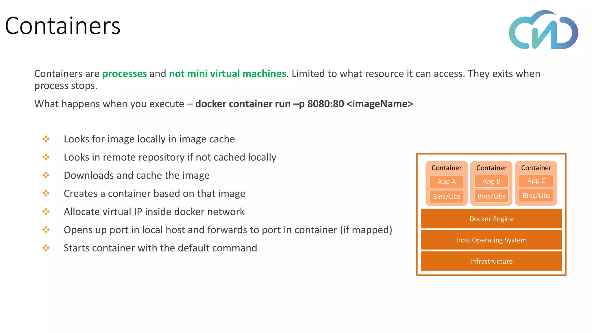 Containers
Containers are processes and not mini virtual machines. Limited to what resource it can access. They exits when
process stops.
What happens when you execute – docker container run –p 8080:80 <imageName>
Infrastructure
Host Operating System
Docker Engine
Container Container Container
Bins/Libs
App B
Bins/Libs
App C
Bins/Libs
App A
❖ Looks for image locally in image cache
❖ Looks in remote repository if not cached locally
❖ Downloads and cache the image
❖ Creates a container based on that image
❖ Allocate virtual IP inside docker network
❖ Opens up port in local host and forwards to port in container (if mapped)
❖ Starts container with the default command
 