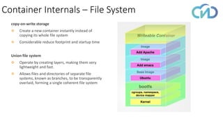 Container Internals – File System
copy-on-write storage
❖ Create a new container instantly instead of
copying its whole file system
❖ Considerable reduce footprint and startup time
Union file system
❖ Operate by creating layers, making them very
lightweight and fast.
❖ Allows files and directories of separate file
systems, known as branches, to be transparently
overlaid, forming a single coherent file system
 