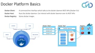 Docker Platform Basics
Docker Client: A command line interface which talks to the docker daemon REST APIs (Docker CLI)
Docker Host: Runs the docker daemon. Can interact with docker daemon over its REST APIs
Docker Registry: Stores docker images
 