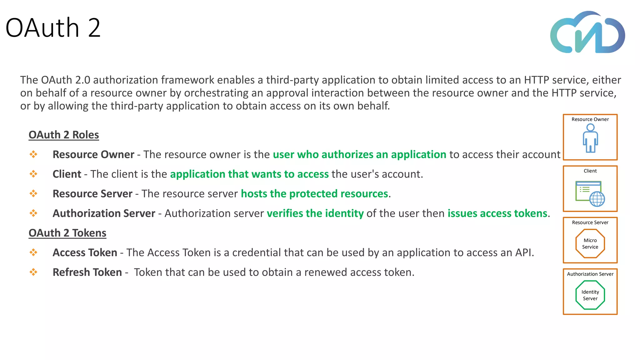 OAuth 2
OAuth 2 Roles
❖ Resource Owner - The resource owner is the user who authorizes an application to access their account
❖ Client - The client is the application that wants to access the user's account.
❖ Resource Server - The resource server hosts the protected resources.
❖ Authorization Server - Authorization server verifies the identity of the user then issues access tokens.
OAuth 2 Tokens
❖ Access Token - The Access Token is a credential that can be used by an application to access an API.
❖ Refresh Token - Token that can be used to obtain a renewed access token.
Client
Resource Owner
Authorization Server
Identity
Server
Resource Server
Micro
Service
The OAuth 2.0 authorization framework enables a third-party application to obtain limited access to an HTTP service, either
on behalf of a resource owner by orchestrating an approval interaction between the resource owner and the HTTP service,
or by allowing the third-party application to obtain access on its own behalf.
 