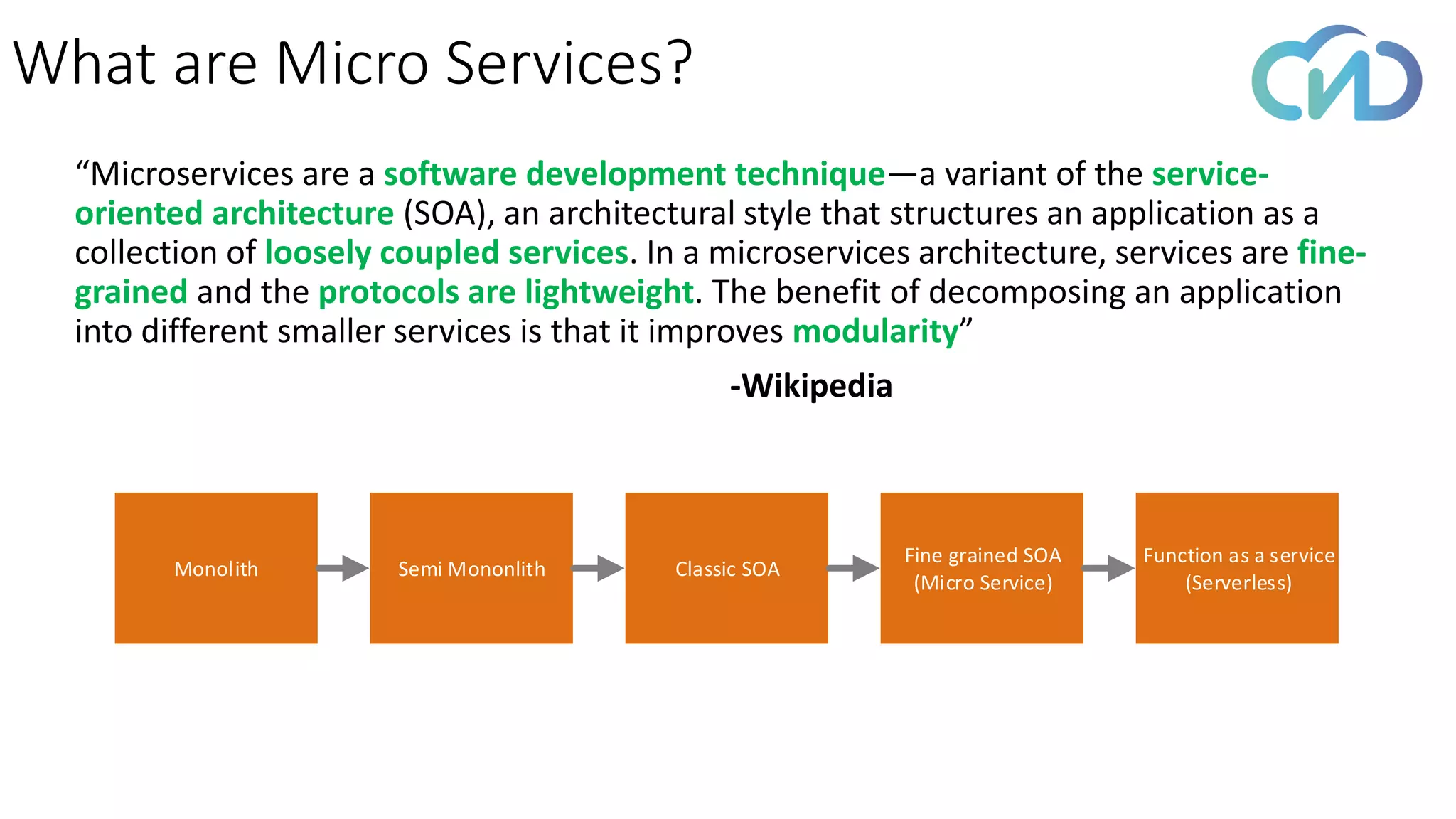 Monolith Semi Mononlith Classic SOA
Fine grained SOA
(Micro Service)
Function as a service
(Serverless)
“Microservices are a software development technique—a variant of the service-
oriented architecture (SOA), an architectural style that structures an application as a
collection of loosely coupled services. In a microservices architecture, services are fine-
grained and the protocols are lightweight. The benefit of decomposing an application
into different smaller services is that it improves modularity”
-Wikipedia
What are Micro Services?
 