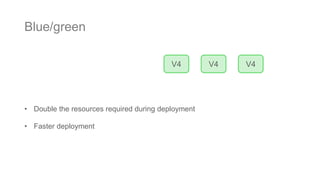 Blue/green
V4 V4 V4
• Double the resources required during deployment
• Faster deployment
 