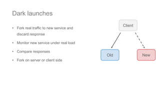 • Fork real traffic to new service and
discard response
• Monitor new service under real load
• Compare responses
• Fork on server or client side
Dark launches
Old New
Client
 