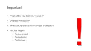 • “You build it, you deploy it, you run it”
• Embrace immutability
• Infrastructure follows microservices architecture
• Failures happen
• Reduce impact
• Fast detection
• Fast recovery
Important
 