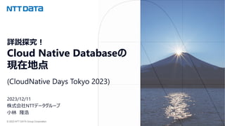 © 2023 NTT DATA Group Corporation
詳説探究！
Cloud Native Databaseの
現在地点
(CloudNative Days Tokyo 2023)
2023/12/11
株式会社NTTデータグループ
小林 隆浩
 