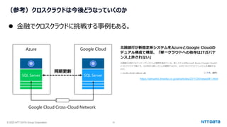© 2023 NTT DATA Group Corporation 18
（参考）クロスクラウドは今後どうなっていくのか
https://atmarkit.itmedia.co.jp/ait/articles/2311/20/news081.html
SQL Server
Azure Google Cloud
SQL Server
Google Cloud Cross-Cloud Network
同期更新
⚫ 金融でクロスクラウドに挑戦する事例もある。
 