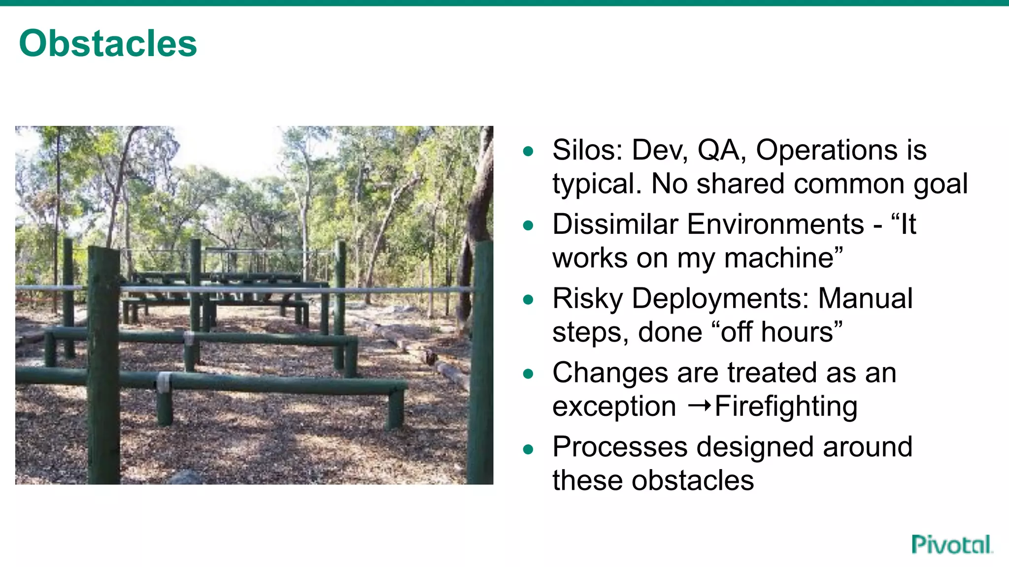 Obstacles
• Silos: Dev, QA, Operations is
typical. No shared common goal
• Dissimilar Environments - “It
works on my machine”
• Risky Deployments: Manual
steps, done “off hours”
• Changes are treated as an
exception →Firefighting
• Processes designed around
these obstacles
 