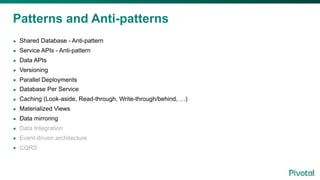 Patterns and Anti-patterns
• Shared Database - Anti-pattern
• Service APIs - Anti-pattern
• Data APIs
• Versioning
• Parallel Deployments
• Database Per Service
• Caching (Look-aside, Read-through, Write-through/behind, …)
• Materialized Views
• Data mirroring
• Data Integration
• Event-driven architecture
• CQRS
 