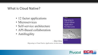What	is	Cloud	Native?
• 12 factor applications
• Microservices
• Self-service architecture
• API-Based collaboration
• Antifragility
- Matt Stine
Migrating to Cloud-Native Application Architectures
 
