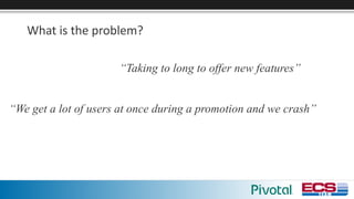 What	is	the	problem?
“Taking to long to offer new features”
“We get a lot of users at once during a promotion and we crash”
 