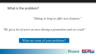 What	is	the	problem?
“Taking to long to offer new features”
“We get a lot of users at once during a promotion and we crash”
What are some of your problems?
 