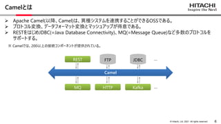 6
© Hitachi, Ltd. 2021. All rights reserved.
 Apache Camel(以降、Camel)は、異種システムを連携することができるOSSである。
 プロトコル変換、データフォーマット変換とマッシュアップが得意である。
 RESTをはじめJDBC(=Java Database Connectivity)、MQ(=Message Queue)など多数のプロトコルを
サポートする。
Camelとは
…
…
FTP JDBC
Camel
MQ HTTP Kafka
REST
※ Camelでは、200以上の接続コンポーネントが提供されている。
 