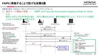 27
© Hitachi, Ltd. 2022. All rights reserved.
FAPIに準拠することで防げる攻撃8選
攻撃者の目的: 正当なユーザとしてクライアントにログインすること。
2. 認可コード横取り攻撃 ← JARM (...