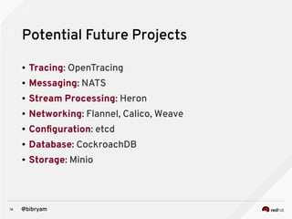 14 @bibryam
Potential Future Projects
● Tracing: OpenTracing
● Messaging: NATS
● Stream Processing: Heron
● Networking: Flannel, Calico, Weave
● Configuration: etcd
● Database: CockroachDB
● Storage: Minio
 