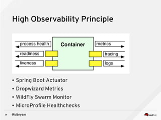 28 @bibryam
High Observability Principle
● Spring Boot Actuator
● Dropwizard Metrics
● WildFly Swarm Monitor
● MicroProfile Healthchecks
 