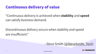 @danielbryantuk
Continuous delivery of value
6
“Continuous delivery is achieved when stability and speed
can satisfy business demand.


Discontinuous delivery occurs when stability and speed


are insu
ff
icient.”


- Steve Smith (@SteveSmith_Tech)
 