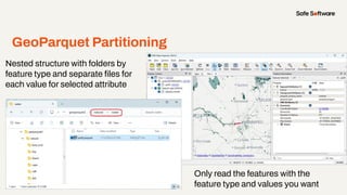 GeoParquet Partitioning
Only read the features with the
feature type and values you want
Nested structure with folders by
...