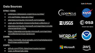 Data Sources
STAC / COG:
● catalogue.dataspace.copernicus.eu/stac/
● cmr.earthdata.nasa.gov/stac/
● planetarycomputer.micr...