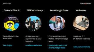 Get our Ebook
Spatial Data for the
Enterprise
fme.ly/gzc
Guided learning
experiences at your
ﬁngertips
academy.safe.com
FM...
