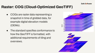 ● COGs are raster data representing a
snapshot in time of gridded data, for
example digital elevation models
(DEMs).
● The...