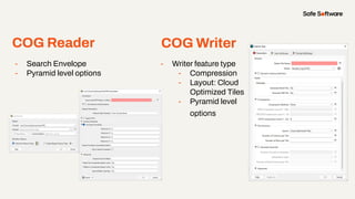 COG Reader
- Search Envelope
- Pyramid level options
COG Writer
- Writer feature type
- Compression
- Layout: Cloud
Optimi...