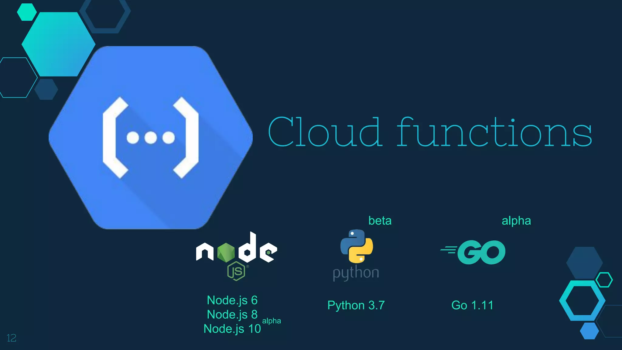 Cloud functions
12
beta alpha
Node.js 6
Node.js 8
Node.js 10
Python 3.7 Go 1.11
alpha
 